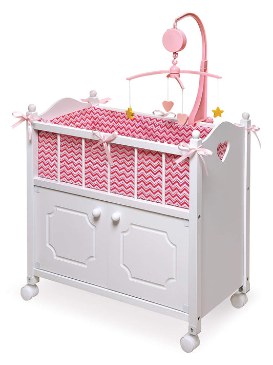 Badger Basket Wooden Toy Doll Bed with Storage, Mobile, and Bedding - Includes Wheels and Free Personalization Kit to Pretend and Play - White with Pink Chevron Fabric