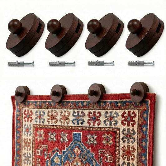 4pcs Walnut Adjustable Large Quilt Hanger for wall for Display,Wooden Heavy Duty wall Hanger Clips for Tapestry,Rug,Carpet and Duvet Covers,Poster Frame Nails and Hanging kit (Rustic Round Clip)