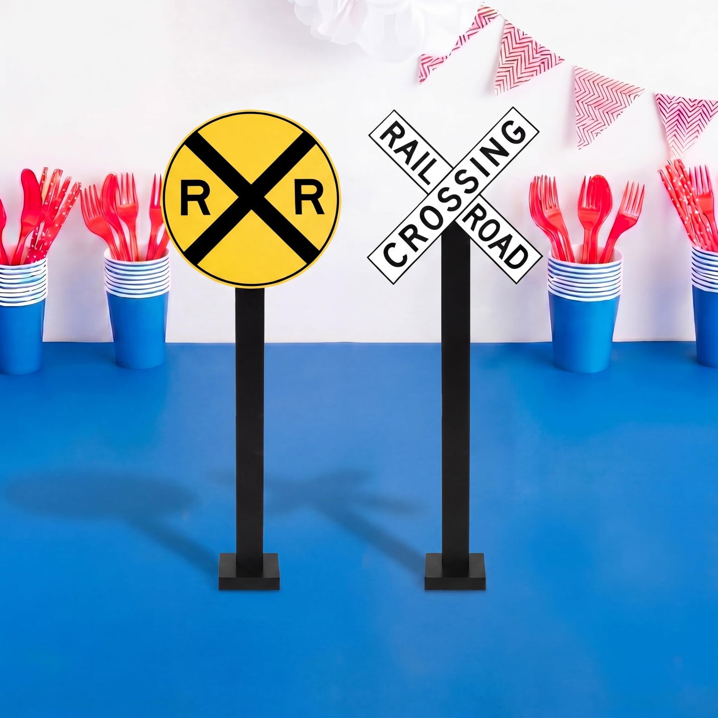Yousoontic 2 Sets 30 Inch Tall Train Birthday Party Garden Decor Corrugated Plastic Railroad Crossing Sign with Wooden Stakes Chugga Chugga Two Two Party Decor Track Crossing Sign for Photo Booth Prop