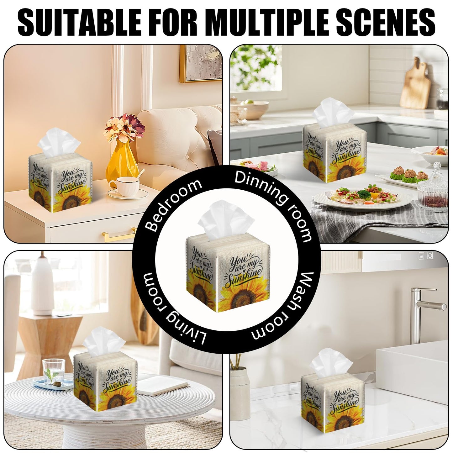 2 Pack Sunflower Sunshine Tissue Box Cover Square Wooden Board Texture PU Leather Tissue Box Holder Waterproof Facial Paper Organizer Dispenser for Bathroom Kitchen Home Office Car