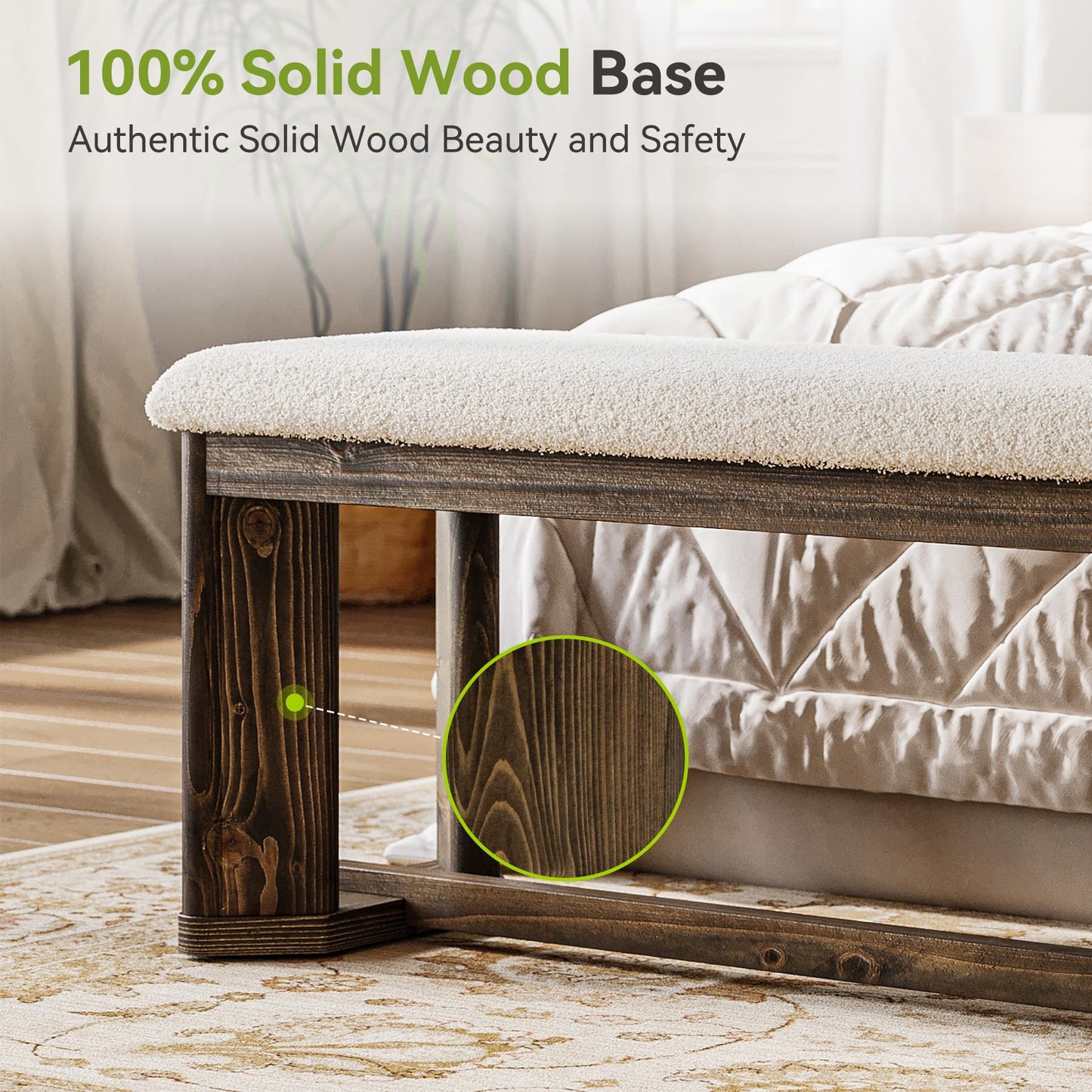 LITTLE TREE 63" Upholstered Bench, Solid Wood Entryway Shoe Bench with Cushion, Long Modern Farmhouse End of Bed Bench with Antique Brown Legs & Faux Lamb Fur Seat for Bedroom, Living Room, Dining