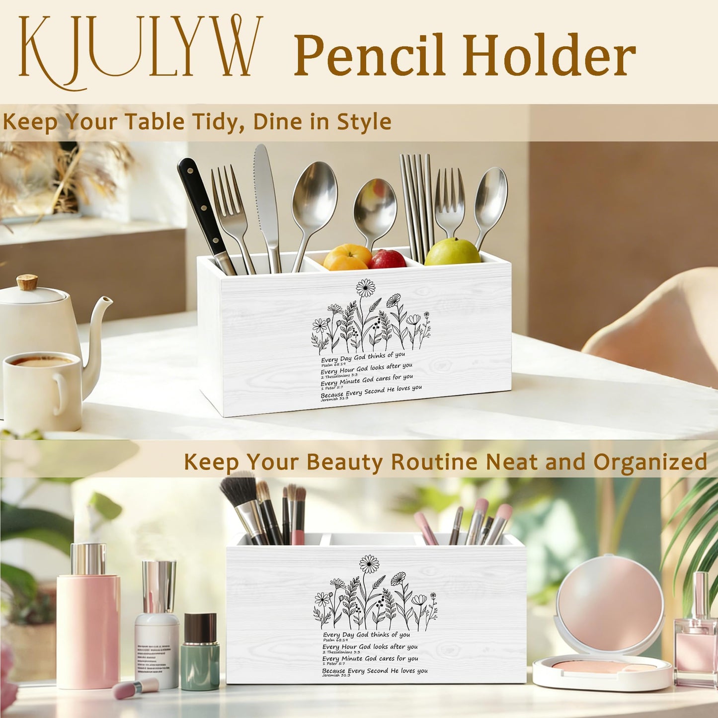 KJULYW Christian Wildflower Pen Holder for Desk, Christian Gifts for Women Faith, Inspirational Bible Verse Wooden Box Pencil Pen Holder Organizer for Home Office Desk Accessories