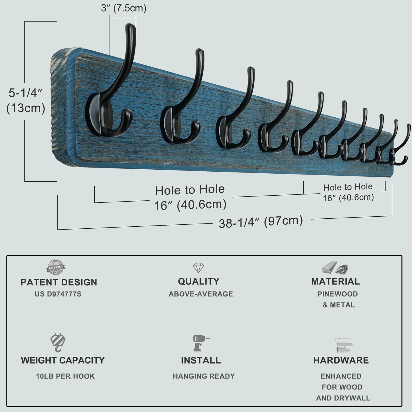 Dseap Coat Rack Wall: 38-1/4" Long, Patented, Heavy-Duty, 10-Double-Hooks Wooden Wall Mounted Coat Rack Coat Hanger Hook Rail for Winter Coats Hat Jacket Clothing, Weathered Blue, Pack of 2
