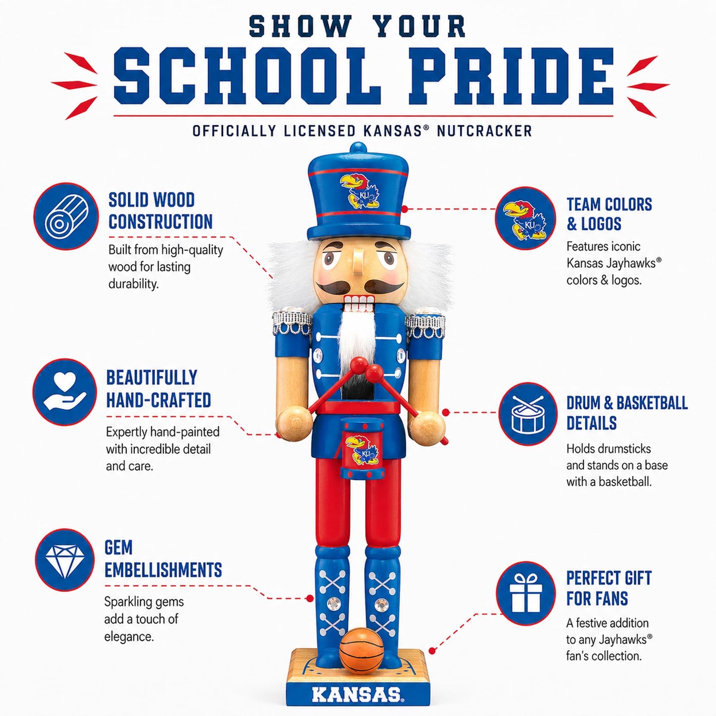 MasterPieces Kansas Jayhawks Nutcracker Figurine - Hand-Crafted Wooden Collectible with Team Colors & Sports Elements