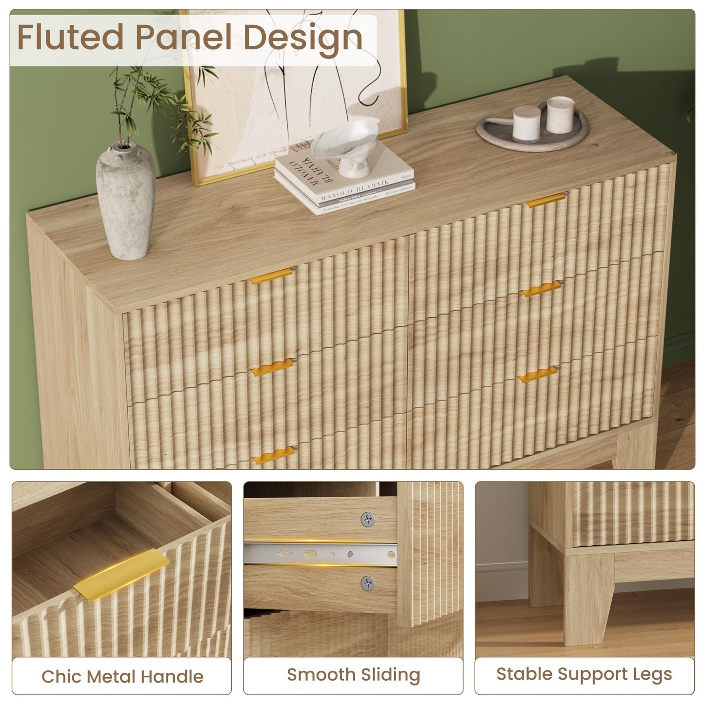 Garvee 6 Drawer Dresser for Bedroom, 47" Wide Fluted Chest of Drawers with Metal Handle, Modern Wooden Dresser TV Stand, Clothes Storage Organizer Wood Closet for Hallway, Entryway, Natural Oak