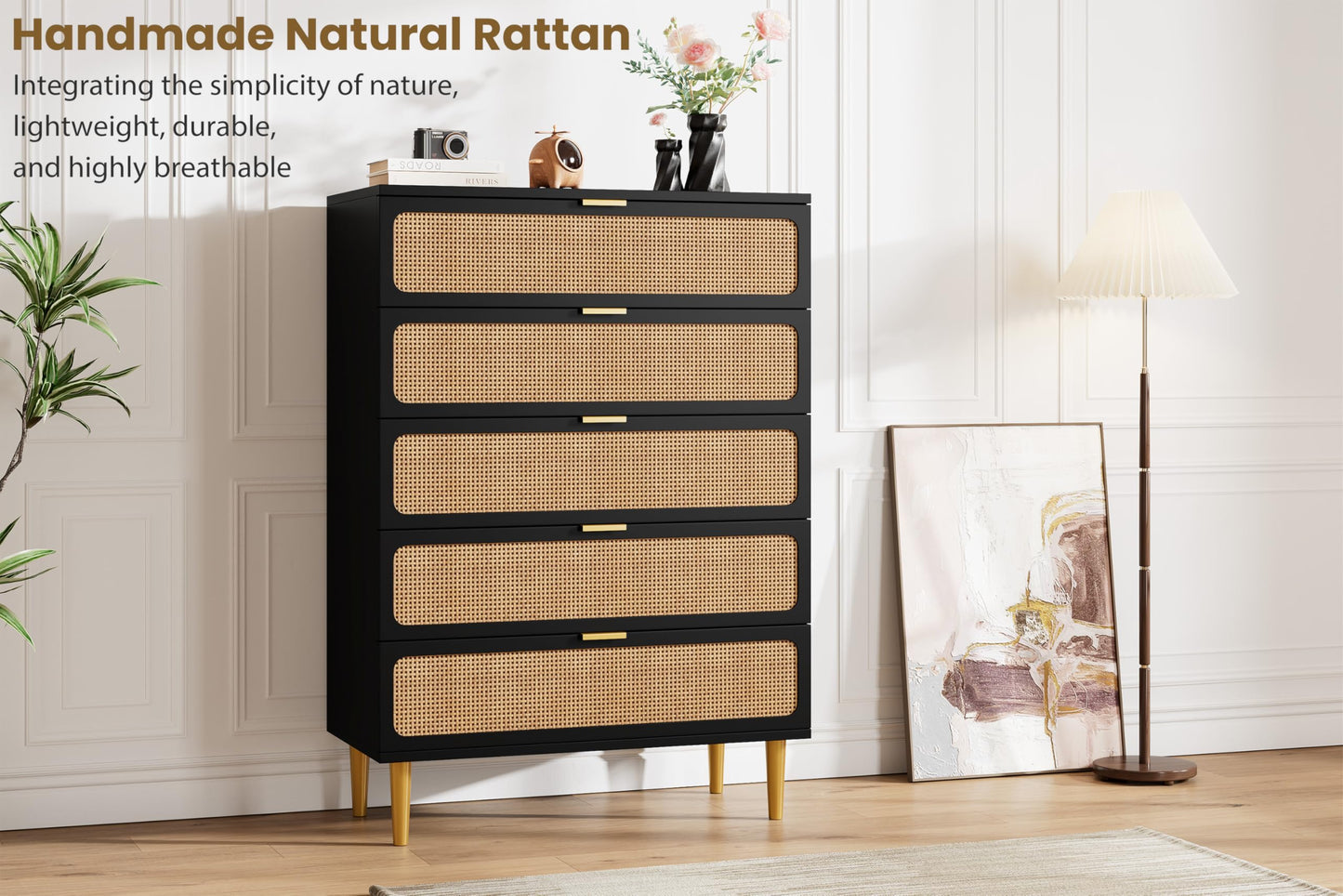 GarveeHome Rattan 5 Drawer Dressers for Bedroom, Tall Dresser with Deep Drawers, Large Chest of Drawers for Closet with Wide Top, Long Wooden Dresser for Living Room, Hallway, Kids Room, Black