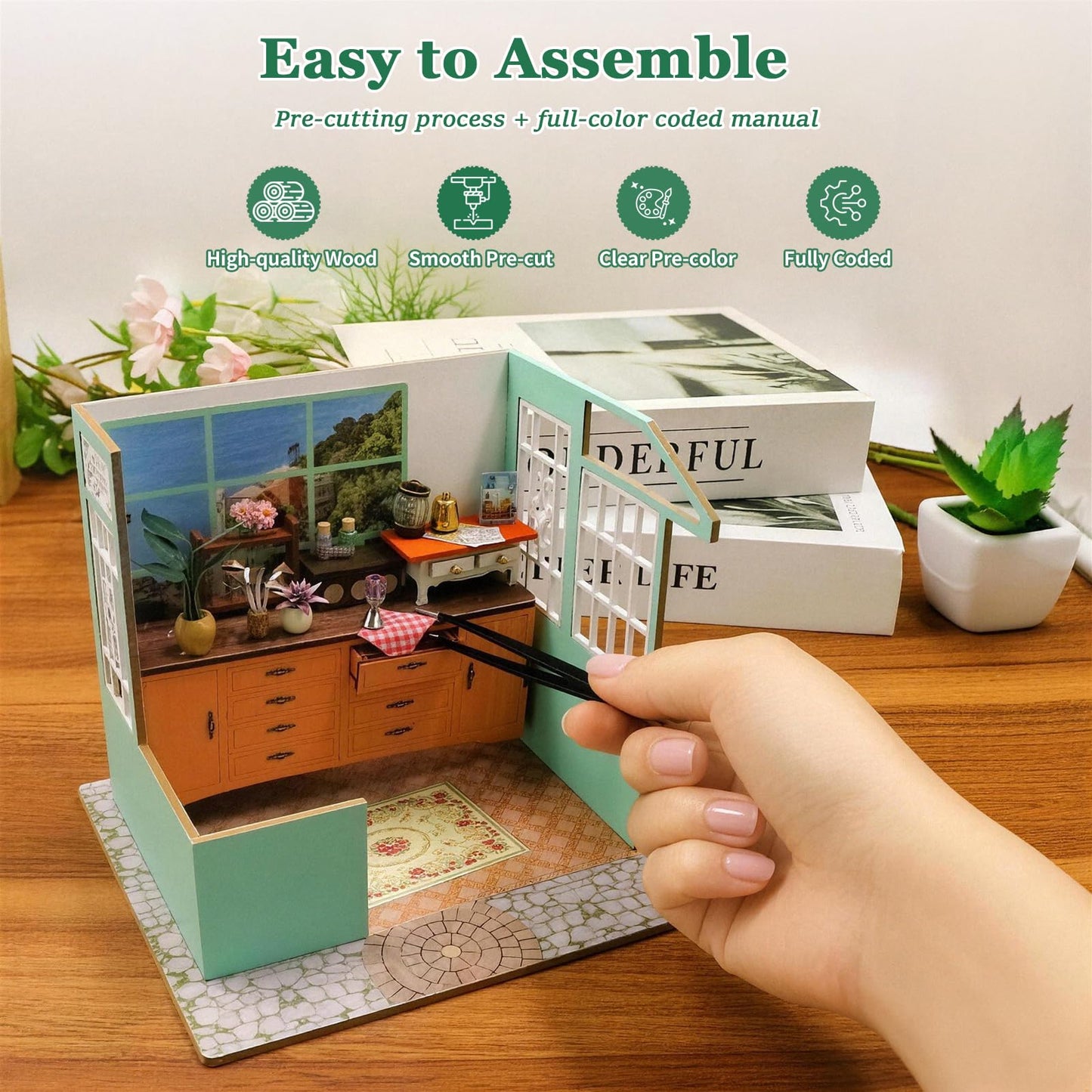 Hallisun DIY Miniature House Kit, Alice Garden Tiny 3D Wooden House Making Set for Adults, Dollhouse Bookshelf Decor with Furniture & LED Lights, Christmas Birthday Greenhouse Craft Gift for Friend