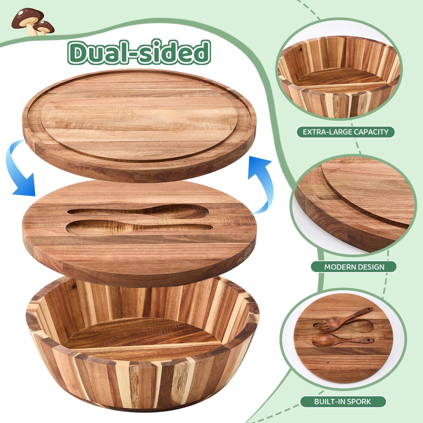Geiserailie 16" Extra Large Acacia Wood Salad Bowl Set, 2-in-1 Wooden Serving Bowl & Charcuterie Board with Lid, Includes Spoon & Fork, Ideal for Party, Pasta, Fruit, Wedding Housewarming Gift