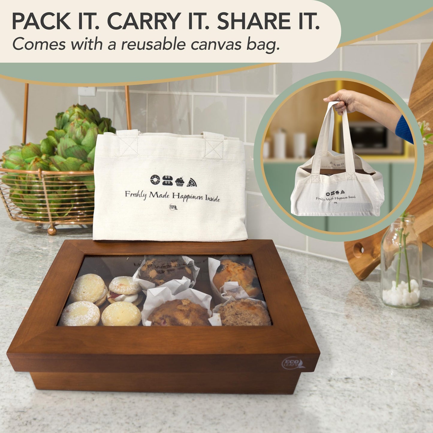 EcoLeafy Dot Wooden Bakery Box with Window - 12x8x2.5 Inches– Treat Boxes for Pastry, Desserts, Donuts, Muffins or Baked Goods- Comes with Reusable Canvas Bag-Ideal Baker Gifts for Women