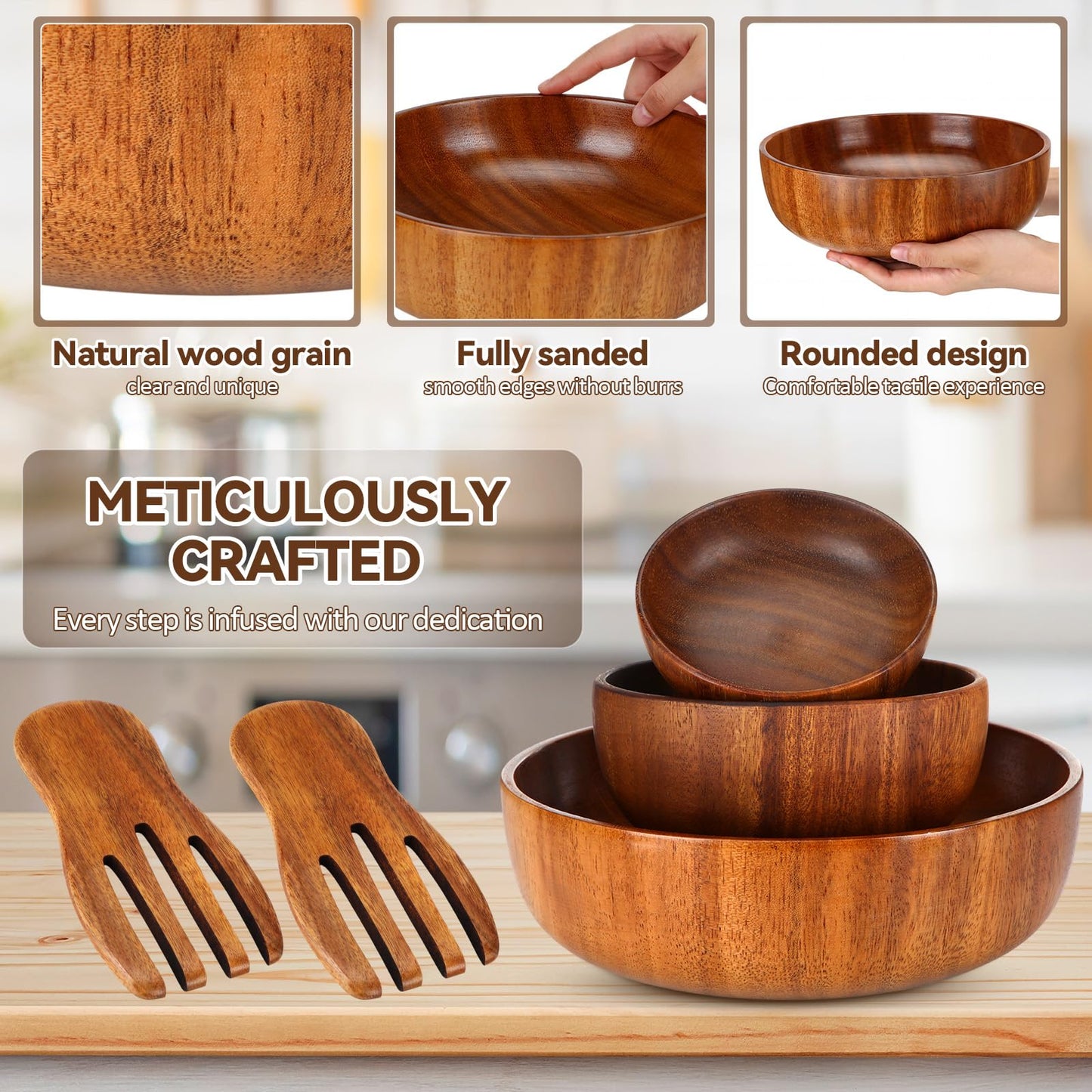 Hushee 5 Pcs Acacia Wood Salad Bowl Set 4.7" 6.3" 9.5" Wooden Mixing Bowls with 2 Wooden Hands Large Wood Serving Bowl with Serving Utensils for Kitchen Fruits Cereal Corn Flake Pasta Gift Giving