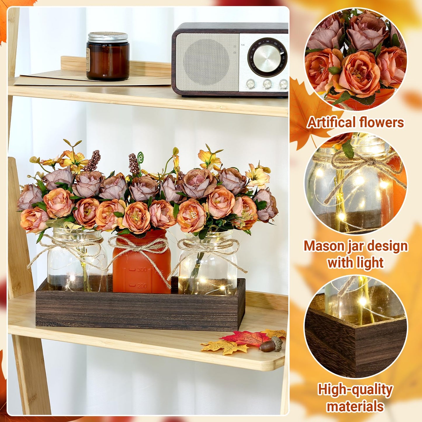 VAIPI Fall Decor Mason Jar Centerpiece Table Decorations with 3 Jar Flowers String Lights and Wooden Tray Fall Decorations for Home Dining Room Farmhouse Autumn Wedding Kitchen Living Room Bathroom