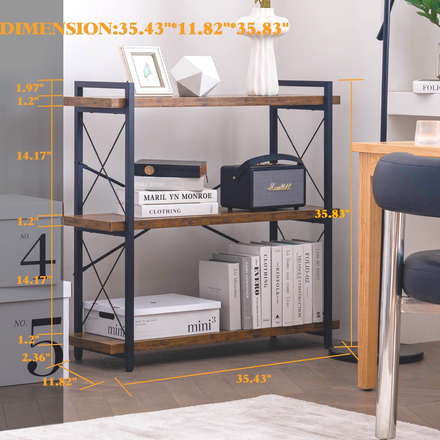 HCHQHS 3-Tier Industrial Bookshelf, 35" W x 12" D x 35" H