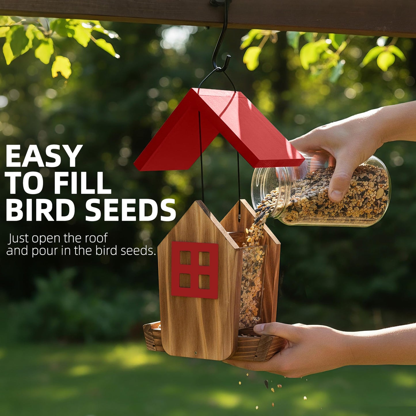 MIXXIDEA Bird Feeder for Outdoors Hanging, Wooden Bird Feeder House with Weatherproof Roof & Metal Tray, Attracting Wild Birds for Outside, Yard, Garden Decoration, Red
