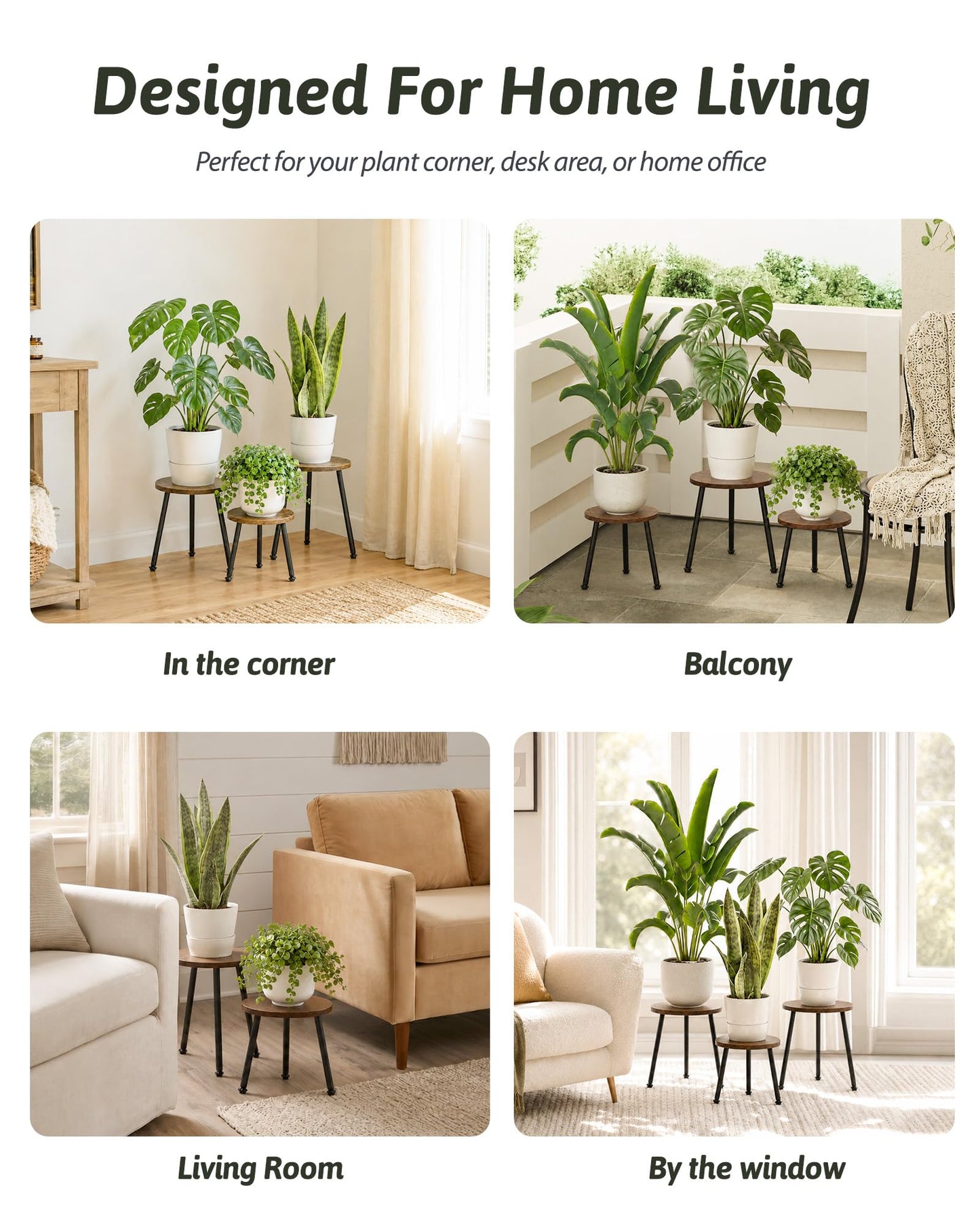 GENTINGBRO 5 Pack Wood Plant Stands Indoor, Round Plant Stool Set with Iron Legs, Heavy Duty Plant Stand Table, Wood and Metal Flower Pot Stand for Living Room, Bedroom, Balcony, Brown/Black