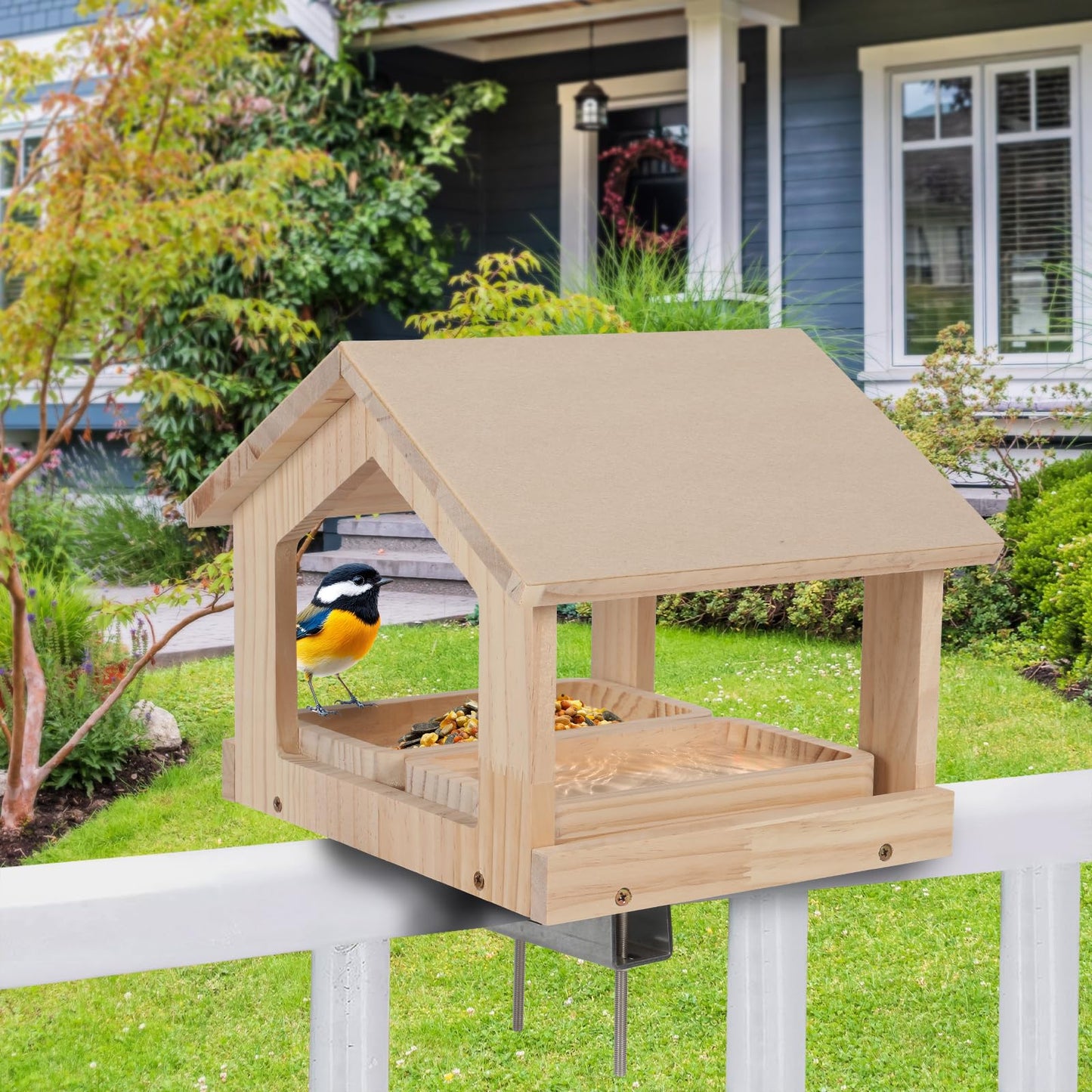 Wooden Bird Feeder with 2 Trays Metal Bracket Railing Mount Balcony Birdfeeder Large Capacity Weatherproof Platform Wild Bird Feeding House for Cardinals Finches Garden Yard Decoration