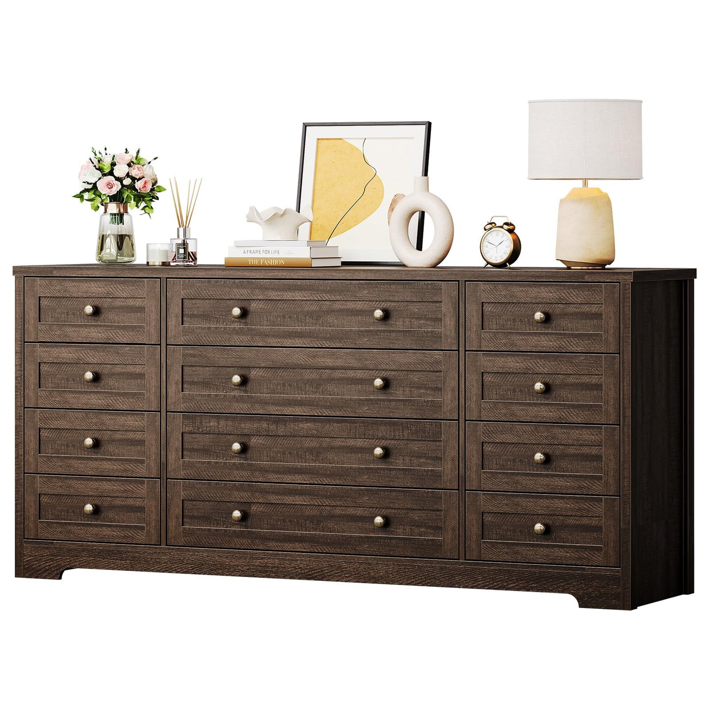 Garvee 12 Drawer Wooden Dressers for Bedroom, Brown Dresser for Adult Bedroom, Modern Wood Chest of Drawers for Living Room, Closet, Entryway, Hallway, Farmhouse Wide TV Stand for 65 Inch TV