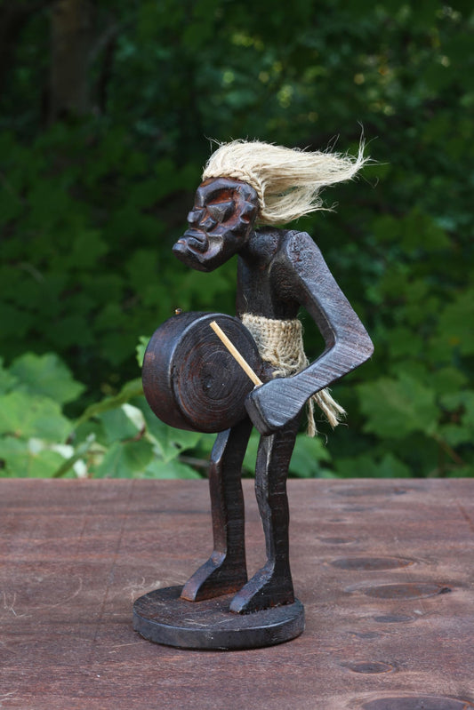 G6 Collection Wooden Handmade Primitive Tribal Statue - Hand Carved Teak Wood Tiki Playing a Bass Drum Musician Funny Sculpture - Unique Art Gift - Tropical Home Decor Accent Shelf - 8.5 inch