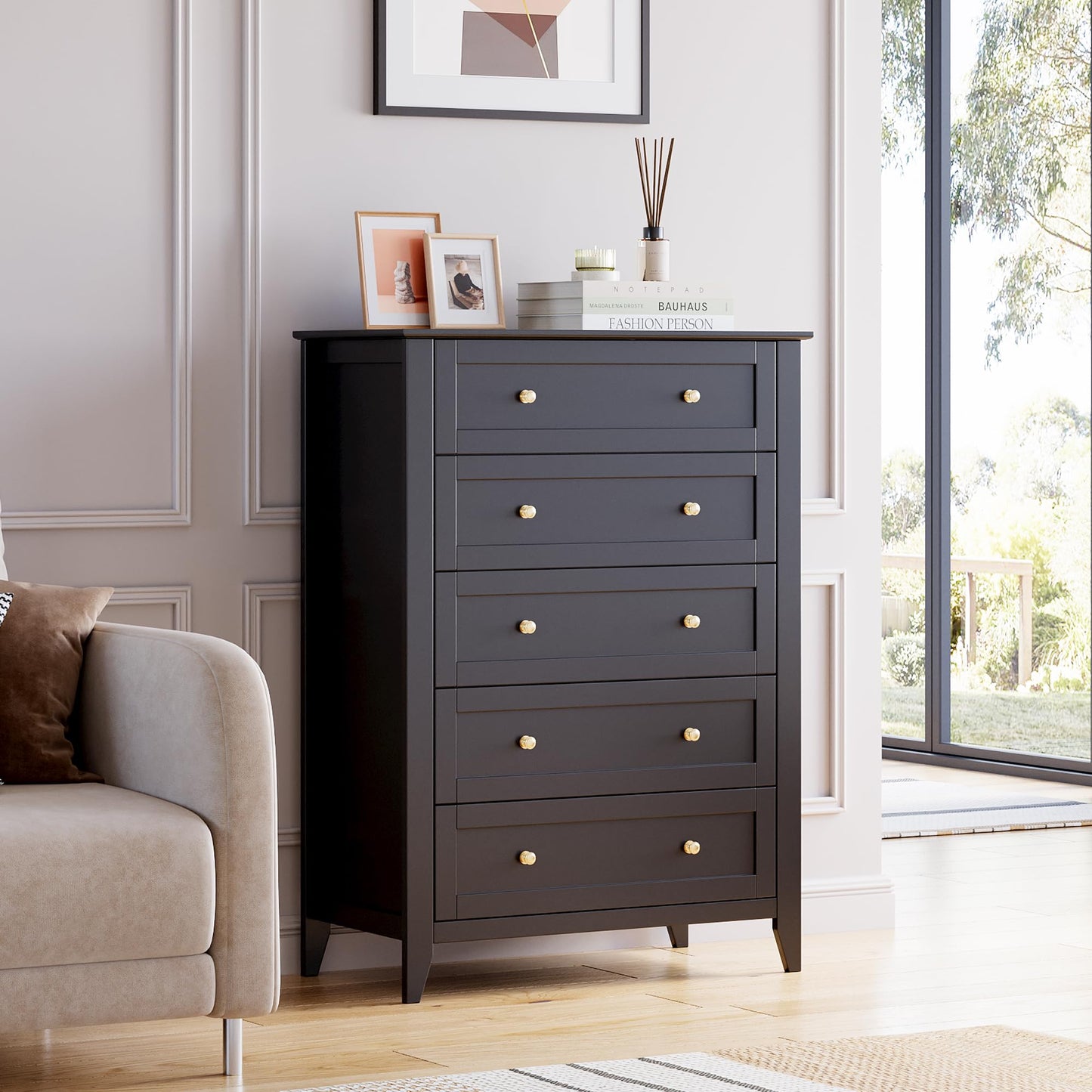 IDEALHOUSE 5 Chest of Drawer Dresser, Modern Wood Organizer Dresser Storage Cabinet with Drawers for Bedroom, Living Room, Entryway, Black