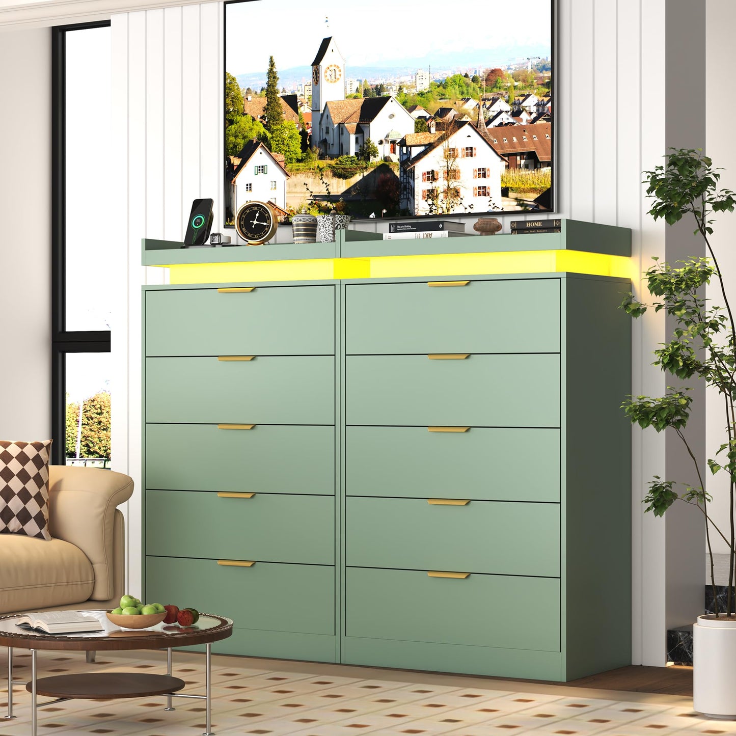 knoworld Tall Dresser for Bedroom, Dresser with LED Lights, Wood 5 Drawer Chest with Power Outlet, Modern Chest of Drawers for Bedroom, Living Room, Entryway, Hallway, Green
