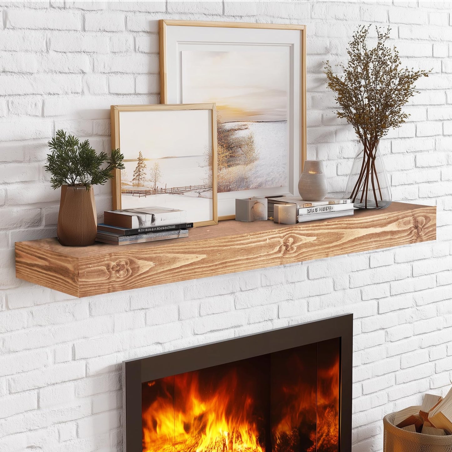 YLYHSST 48x3x7in Solid Wood Floating Shelf – Wood Natural Wall Mounted Fireplace Mantel Shelf – Heavy Duty Decorative Fireplace Mantel for Living Room, Kitchen, Bathroom, Bedroom