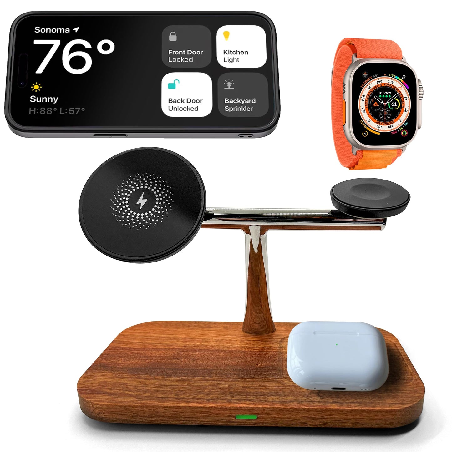 3-in-1 Real Natural Wood Wireless MagSafe Compatible Magnetic Charger Stand Station for Apple iPhone 17/16/15/14/13/12, Plus, Mini, Pro, ProMax, Apple Watch AirPods, Fast Charging 15W