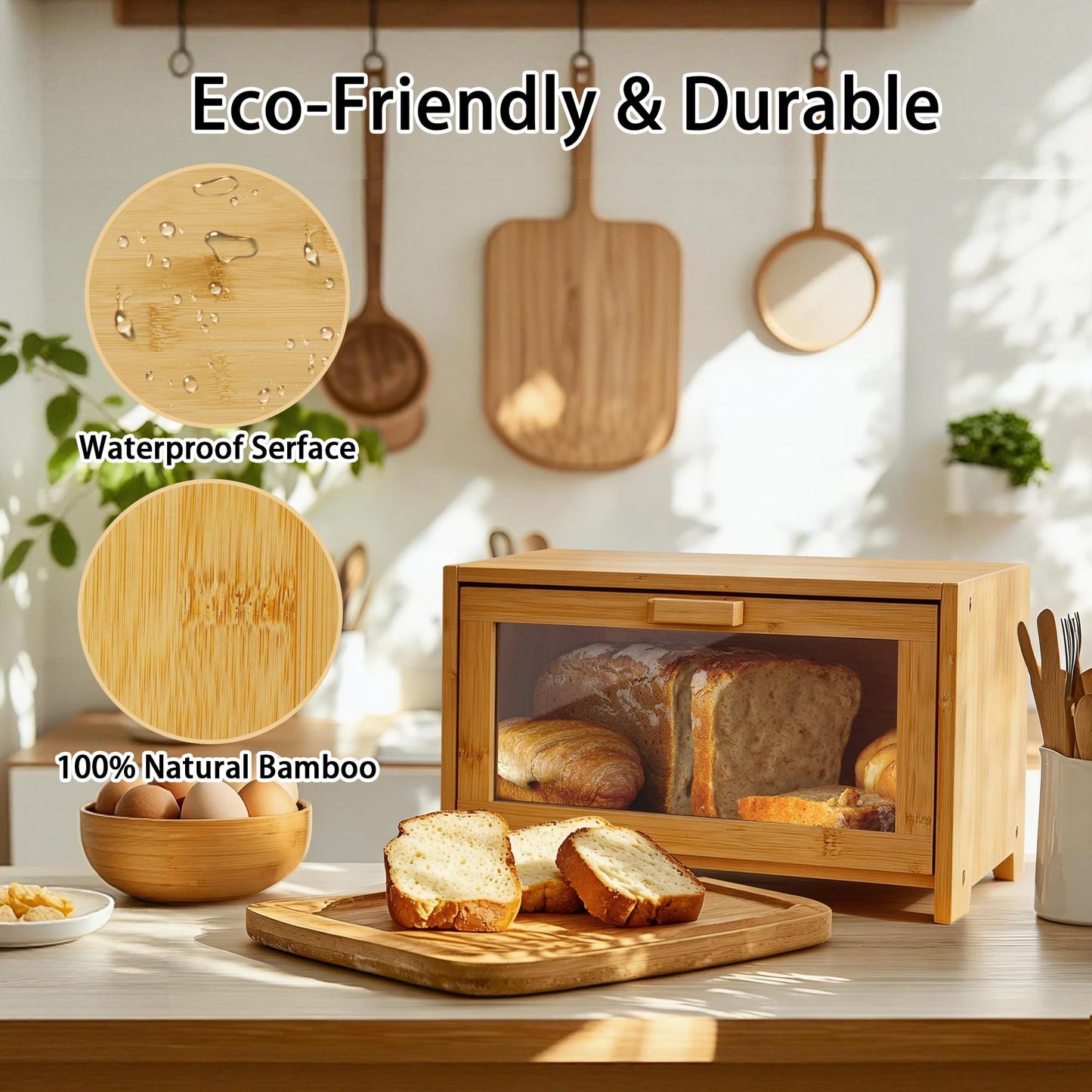 EQEY Bamboo Bread Box for Kitchen Countertop,Large Bread Storage Container with window,Modern Bread Storage Bin for Homemade Bread Organizer (Single Layer)