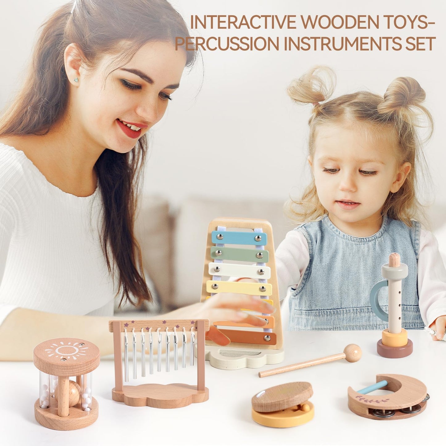 Promise Babe Wooden Xylophone Musical Instrument Sets Toy for Kids, Rattle Bell Montessori Cloud Toddler Music Percussion Toys, Christmas Birthday Gifts for Boys Girls 3 Year+