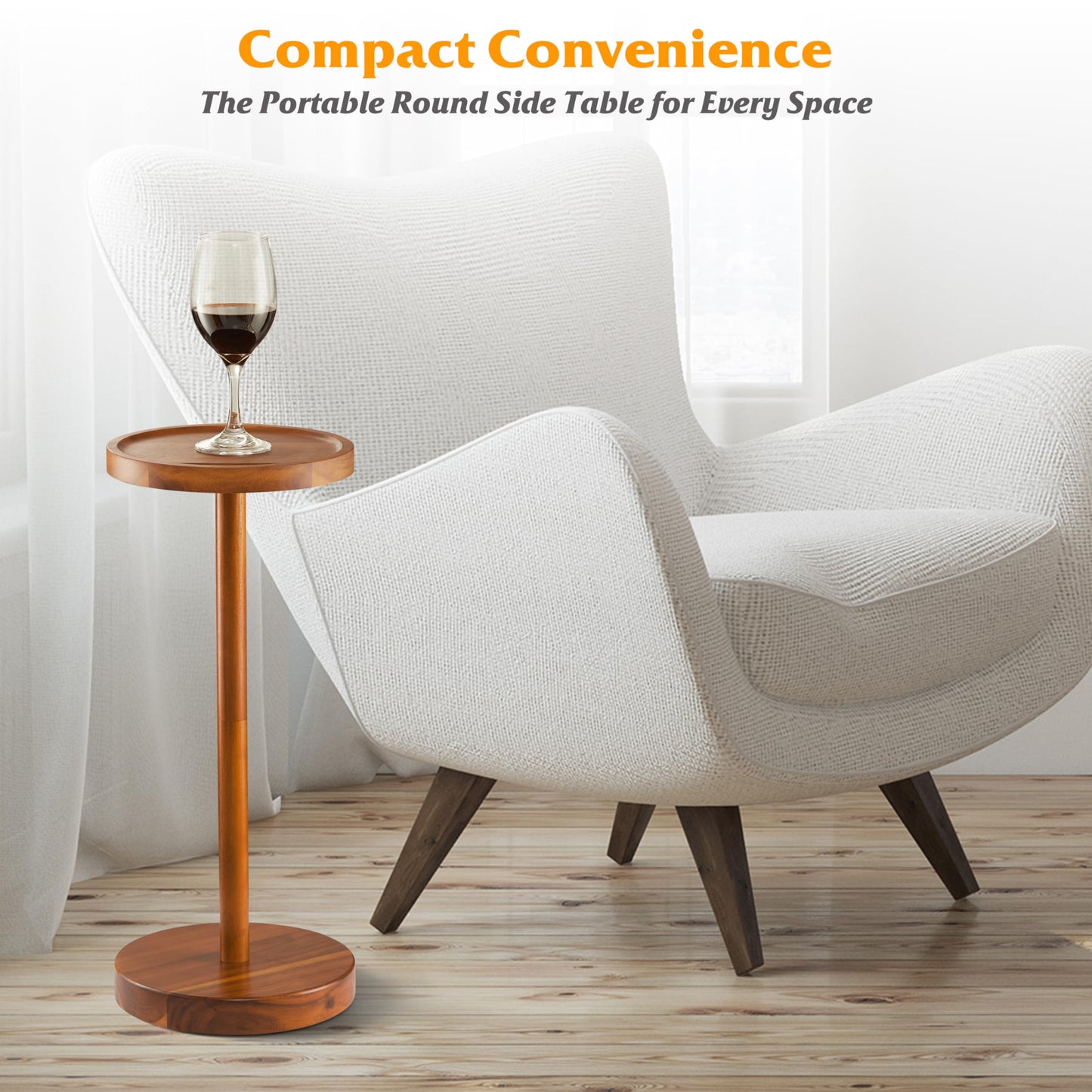 BLUEWEST Drink Table, 22" Tall Compact Side Table with Phone Slot and Weighted Base, Durable Pedestal Table Accent for Living Room, Bedroom, or Office, Cocktail and Martin (1, Acacia)