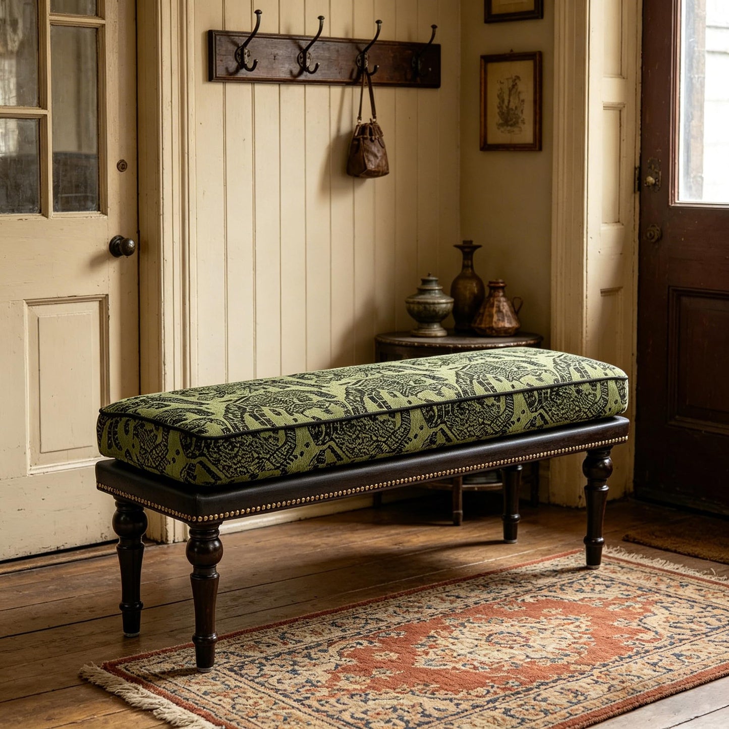 Forteek 47" End of Bed Bench, Traditional Upholstered Bedroom Bench with Removable Washable Jacquard Fabric Cover, Nailhead Trim, Vintage Accent Bench for Bedroom Living Room Entryway(Vintage Green)