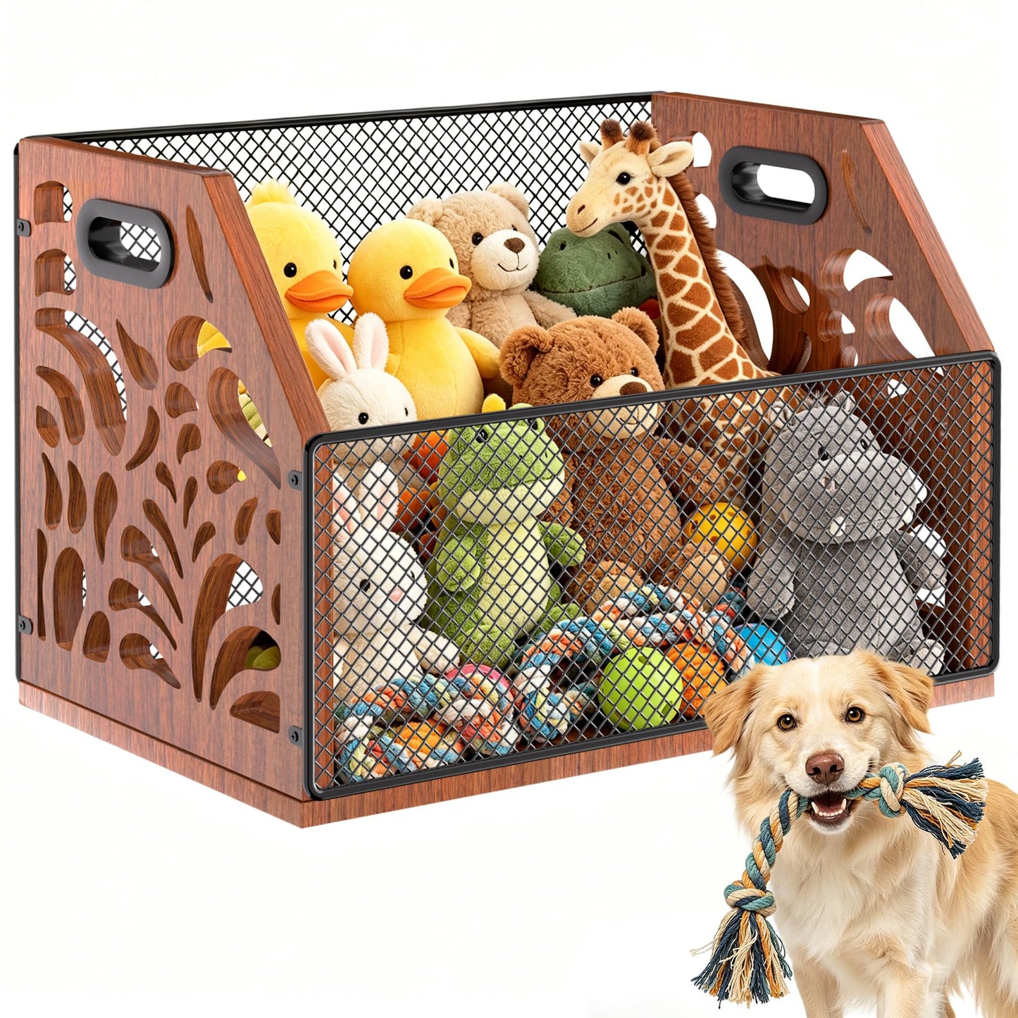 AHUONEL Dog Toy Basket, Chew-Proof Dog Toy Box, Wooden & Metal Pet Toy Storage Organizer, Spacious Toy Storage Bin for Pet Toys, Treats & Home Supplies, Toy Box for Living Room