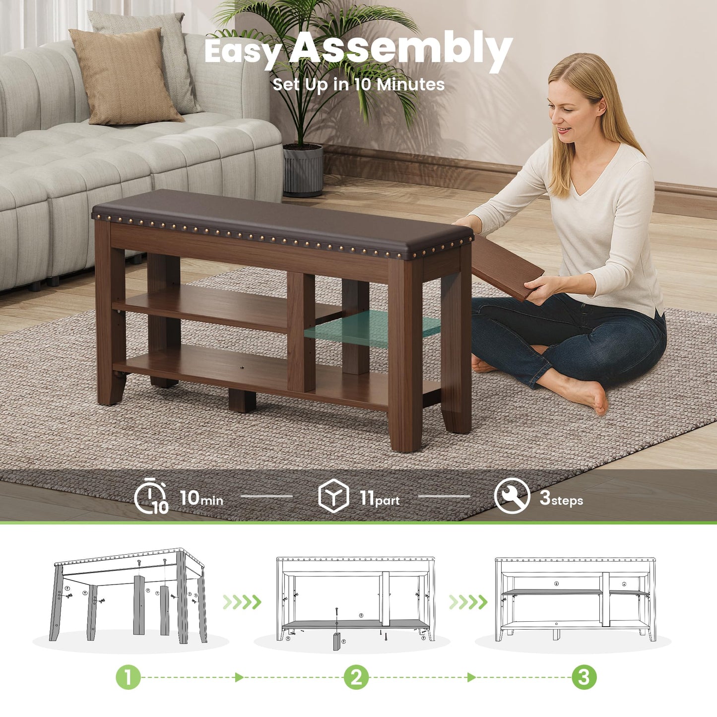 Shoe Bench for Entryway, Solid Rubberwood Shoe Bench with Hidden Storage, Adjustable 2-Tier Shelves & Soft PU Leather Seat, Shoe Rack Durable Easy Assembly for Hallway or Bedroom - Brown, 39.4"