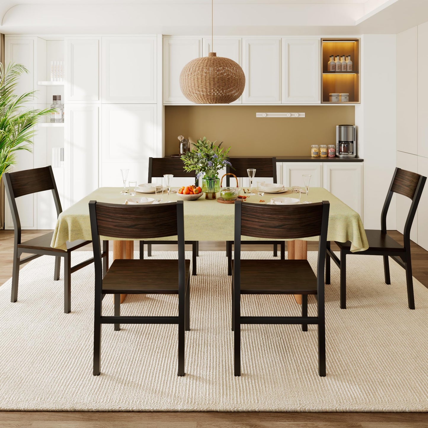 Feonase Dining Chairs Set of 6, Modern Kitchen Chairs with Ergonomic Backrest, MDF Board and Metal Legs, Dinner Chairs for Dining Room, Kitchen and Living Room, Espresso