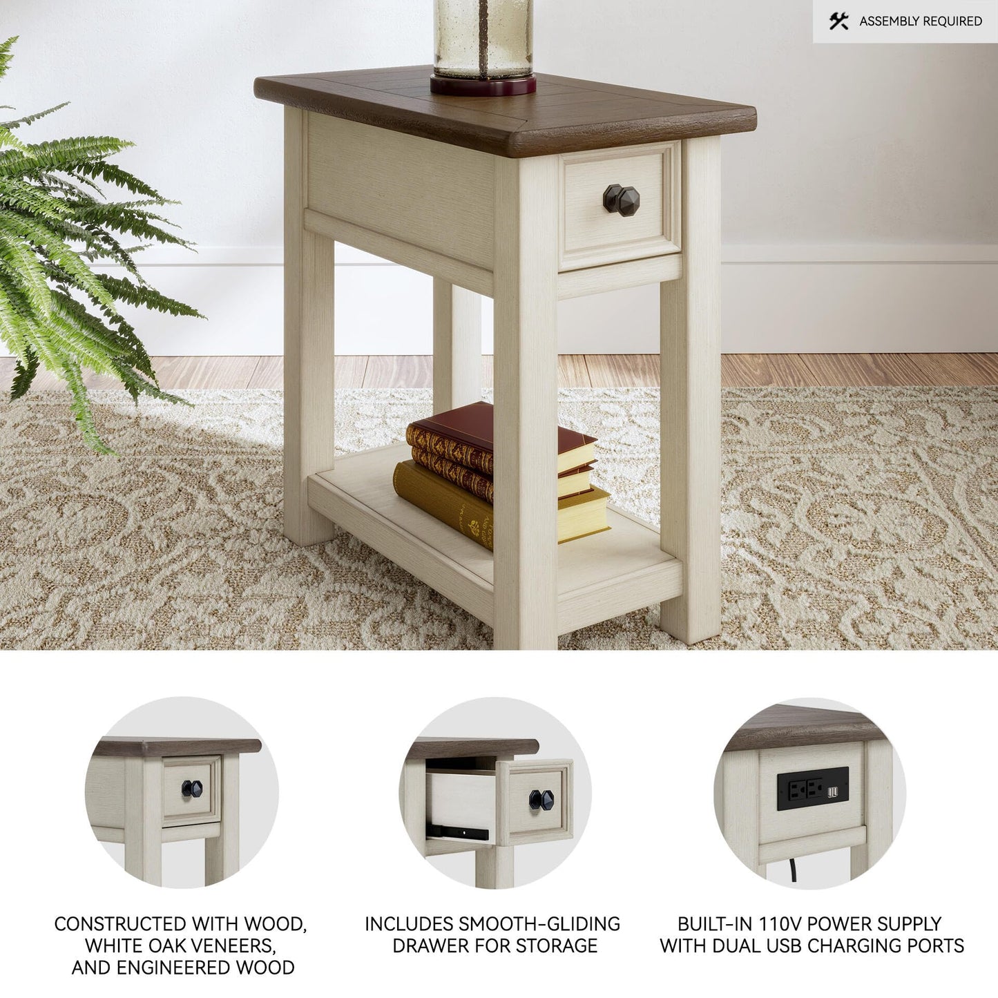 Signature Design by Ashley Bolanburg Chairside End Table With Charging Station, Two-Tone Wood Accent Table With Drawer Storage, Plank Top Design for Living Room or Bedroom, Antique White
