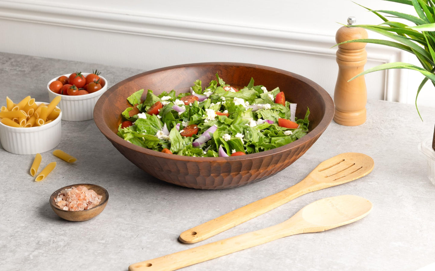 LAVAUK 12" x 4" Wood bowl with hand carved pattern | 4.3 quarts capacity | wooden bowl for food, serving salads, pasta, cereal or popcorn | kitchen counter centerpiece bowl for fruits |