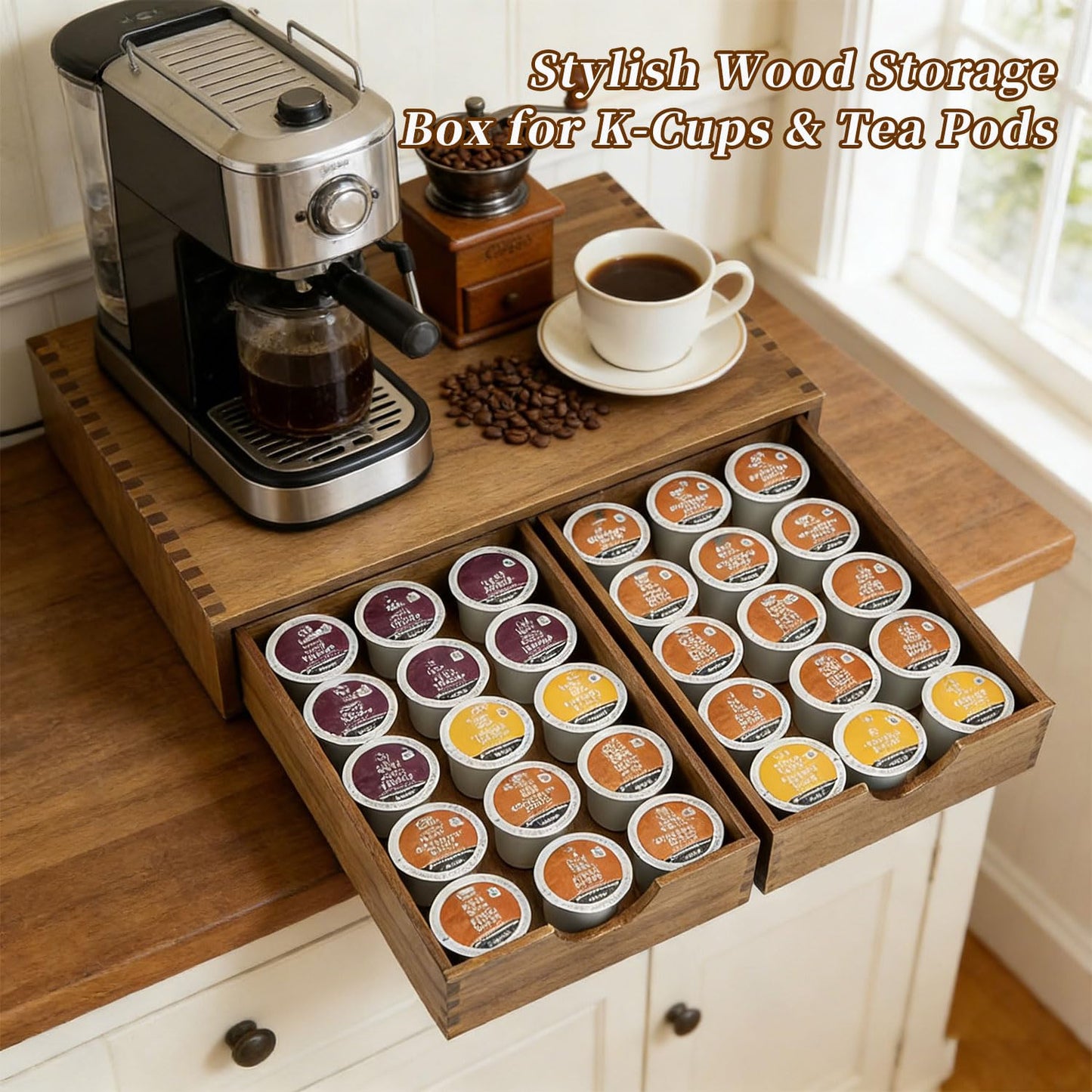 YAOYAO LAND Wooden K Cup Organizer, Coffee Pod Storage Box and Tea Organizer Holder, K Pod Drawer Under Brewer Coffee Maker Machine Stand, Organizador De Cafe, 30 Pod Capacity (Natural Wood)