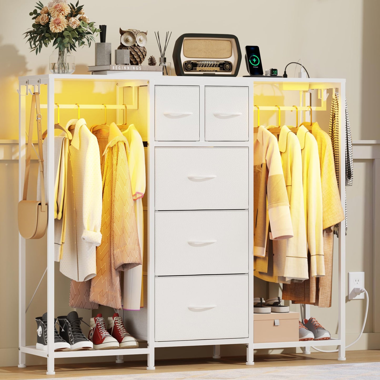 HIGDBFE 5-Drawer Dresser with 2 Hanging Racks, White, 49.2" W