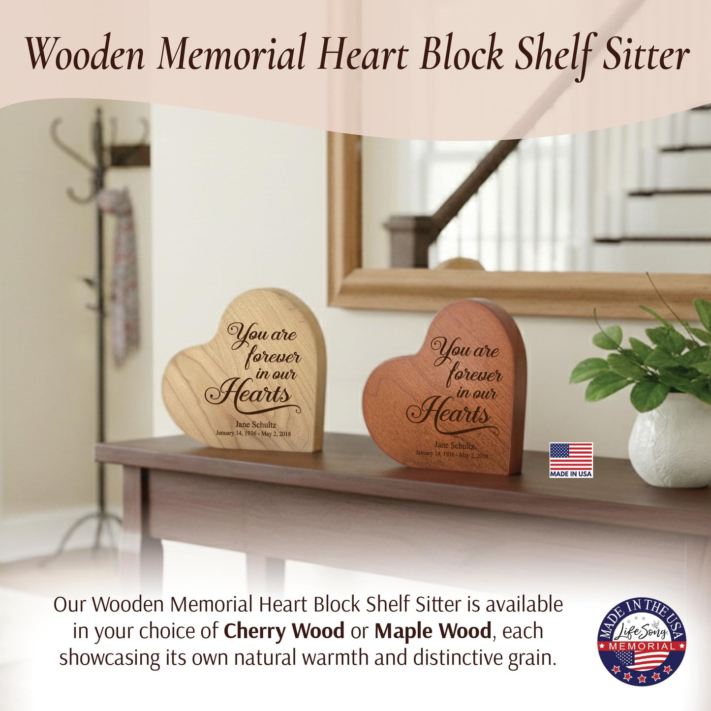 LifeSong Milestones Sympathy Gift Personalized Engraved Wooden Heart Block Shelf Sitter Memorial Bereavement Gifts Personalized Memorial Gifts for Loss of Loved One Celebration of Life Decorations - Cherry