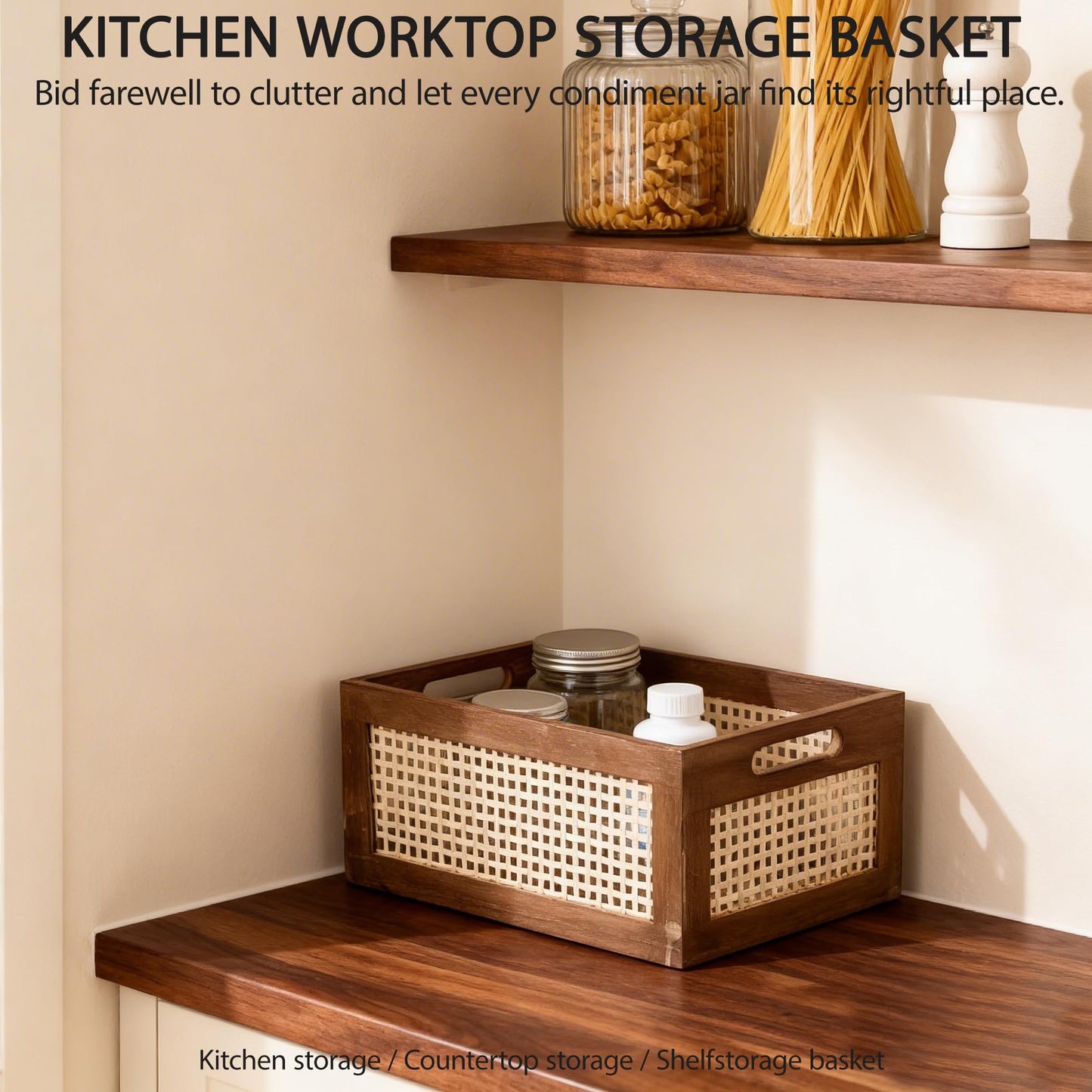 HODAKJUE Boho Wooden Storage Basket with Bamboo Woven Panel, Decorative Handle Organizer Bin for Shelves, Kitchen, Pantry, Closet & Countertop, 11.81 x 7.87 x 5.51 Inch