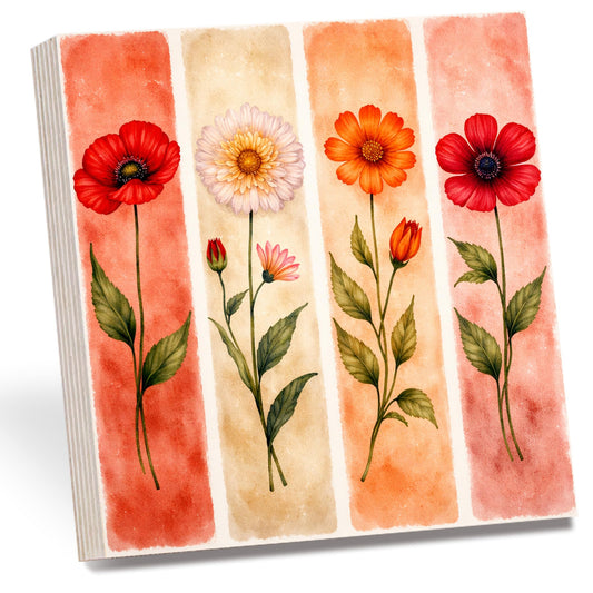 Floral Wooden Block Sign Set, Watercolor Flower Art Blocks, Pastel Botanical Farmhouse Decor, Rustic Shelf Sitter Wood Signs for Spring Home Table Mantel Gift