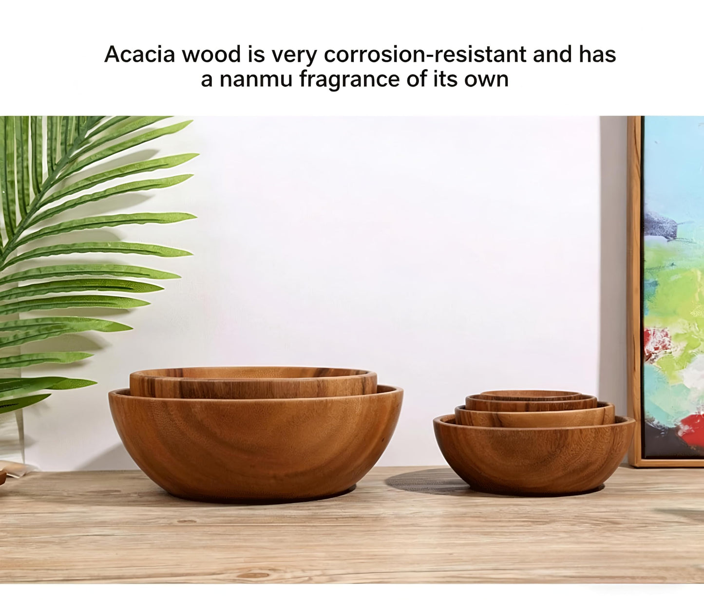 Acacia Wood Serving Bowls, Nesting Wooden Bowls, Natural Handcrafted Bowls for Salad, Fruit, Snack, Cereal, Popcorn, Food-Safe & Durable for Kitchen, Dining & Parties