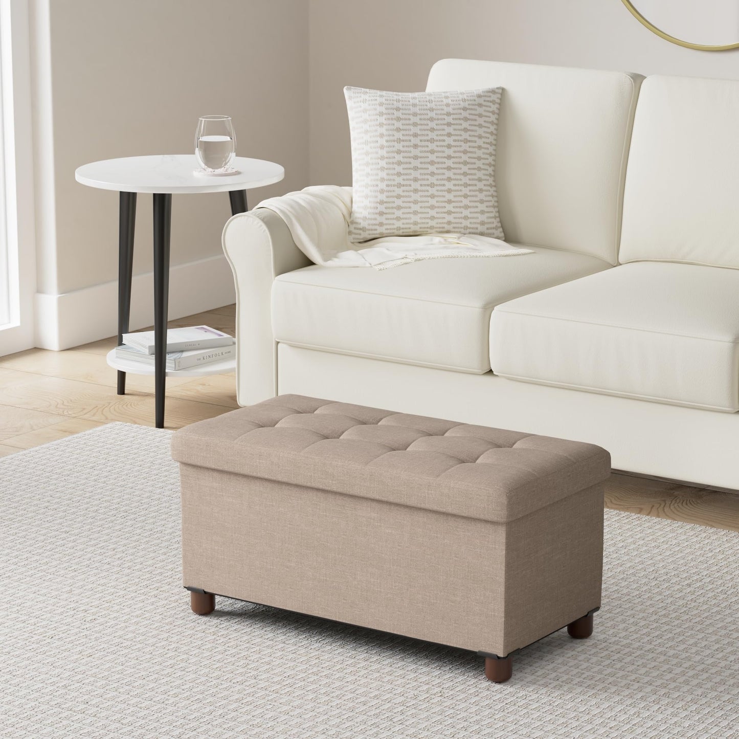 Ao Lei 30 Inches Storage Ottoman Bench, Storage Bench with Wooden Legs for Living Room Ottoman Foot Rest Removeable Lid for Bedroom End of Bed, Linen Fabric, Folding Beige Ottoman