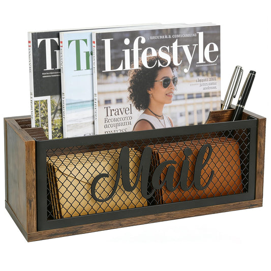 Mail Organizer Countertop, Rustic Farmhouse 2-Slot Wood & Iron Mail Holder, Retro Wall Mounted or Desk Entryway Letter Bill Envelope Sorter, No Assembly