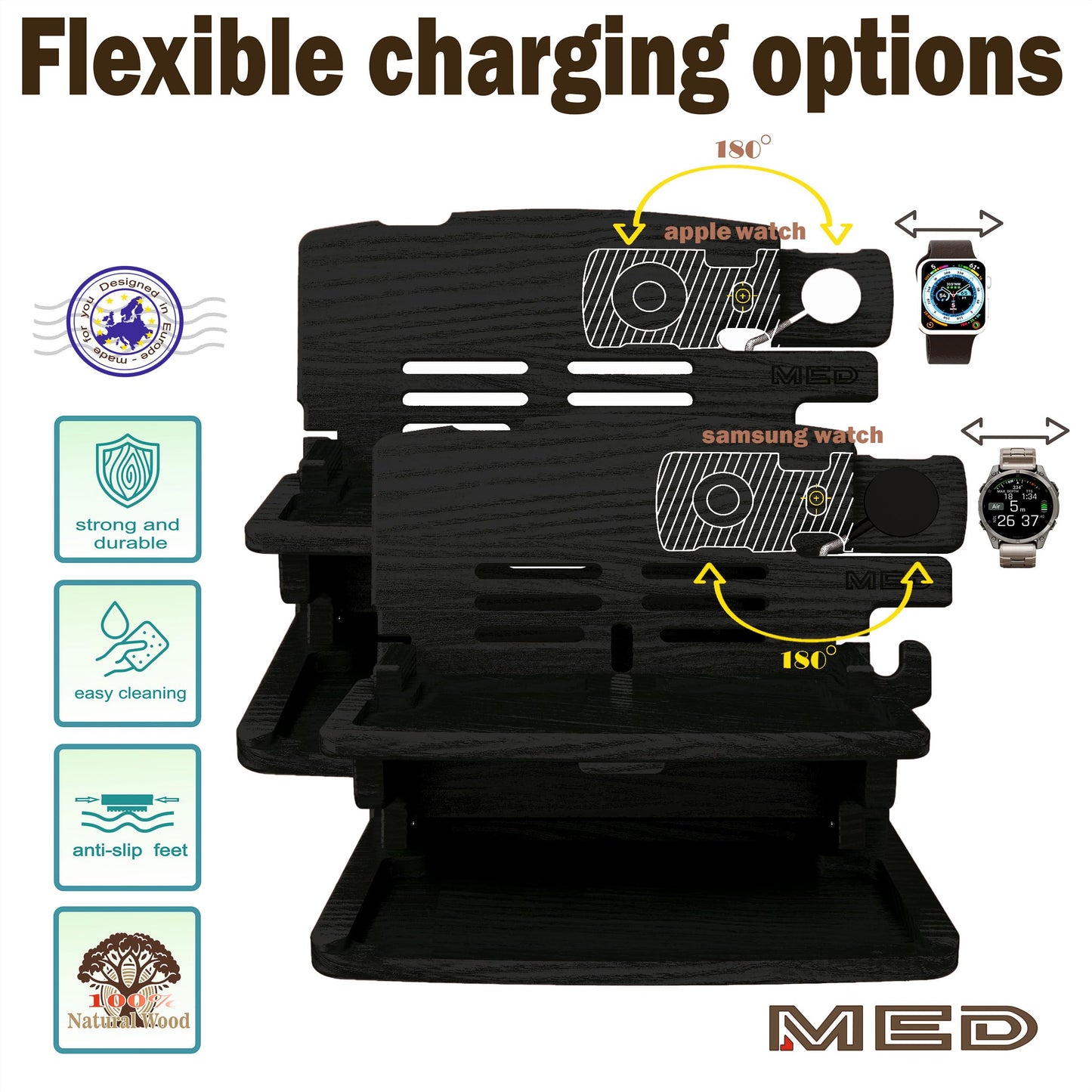 MED Wood Phone Docking Station for Men – Nightstand Organizer & Charging Station for Multiple Devices – Birthday Gift for Husband Dad, Father's Day – Holds Phone, Watch, Wallet, Keys (Black)