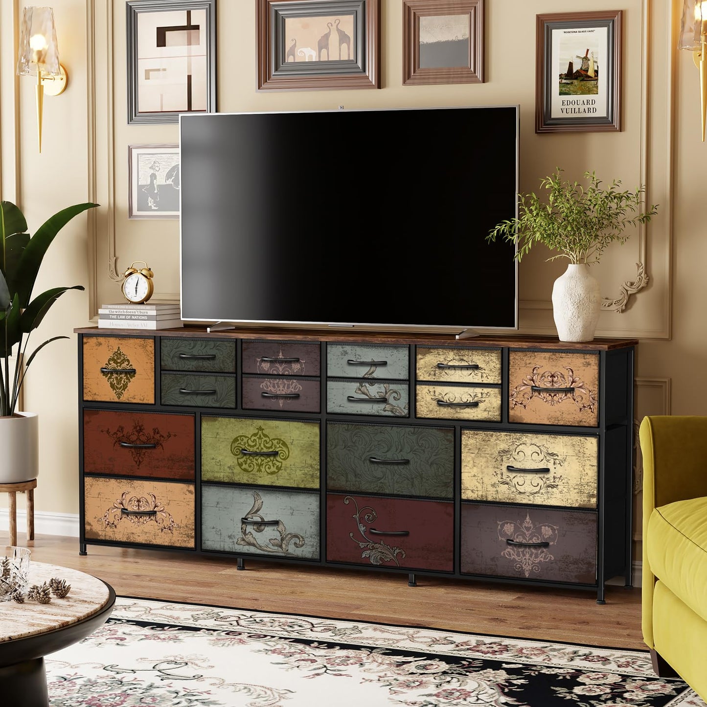 VASICAR 74.8" W Dresser for Bedroom, Wide TV Stand for 65, 75, 80 inch TV, Long Fabric Dresser with 18 Deep Drawers, Large Storage Organizer Cabinet, Wood-top Chest of Drawers (Pattern)