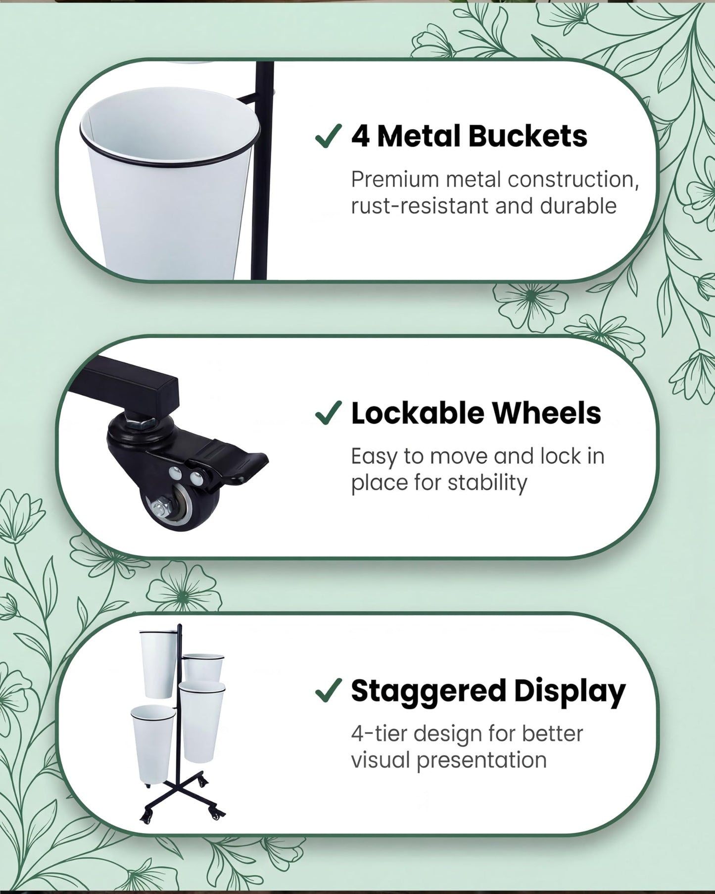 vensovo Flower Bucket Stand with 4 White Buckets, 33" Black Metal Flower Display Stand for Bloom Bar, Wedding Flower Display, Florist Shop, Event & Party Decor