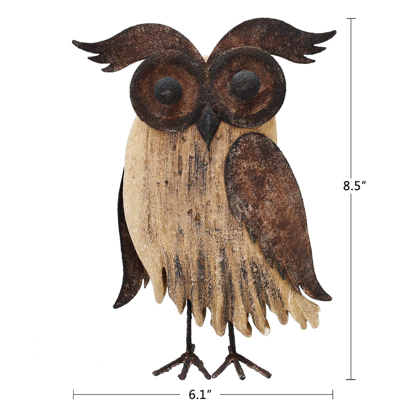 K KILIPES Rustic Owl Decorations - Metal & Wood Owl Figurines (8.5" H) for Home Tabletop Ornaments & Collectibles