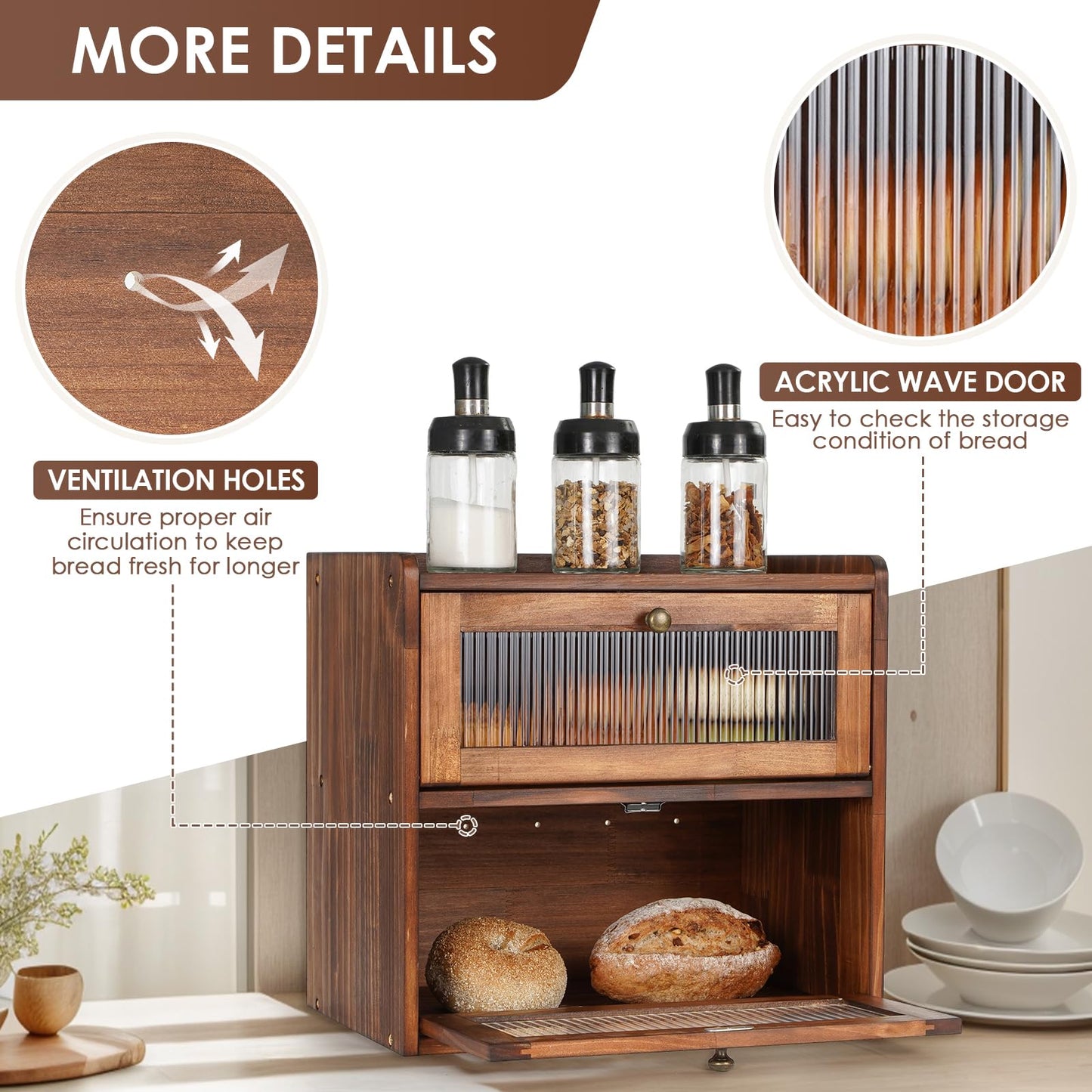 Sunhoo Double Layer Bread Box (L14.4in*W9.4in*H13.4in/Brown) and Single Wooden Bread Storage(L14.37in*W9.25in*H8.66in/Yellow) Rustic Bread Keeper Farmhouse Food Organizer Pantry Shelf Acrylic Window