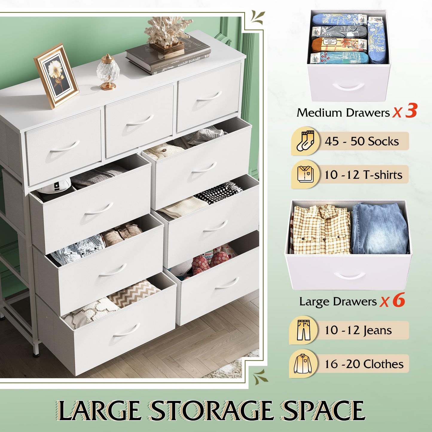 WLIVE 9-Drawer Dresser & Nightstands for Bedroom Set of 2, Organizer Unit for Bedroom with Fabric Bins, Steel Frame, Wood Top, Easy Pull Handle, White
