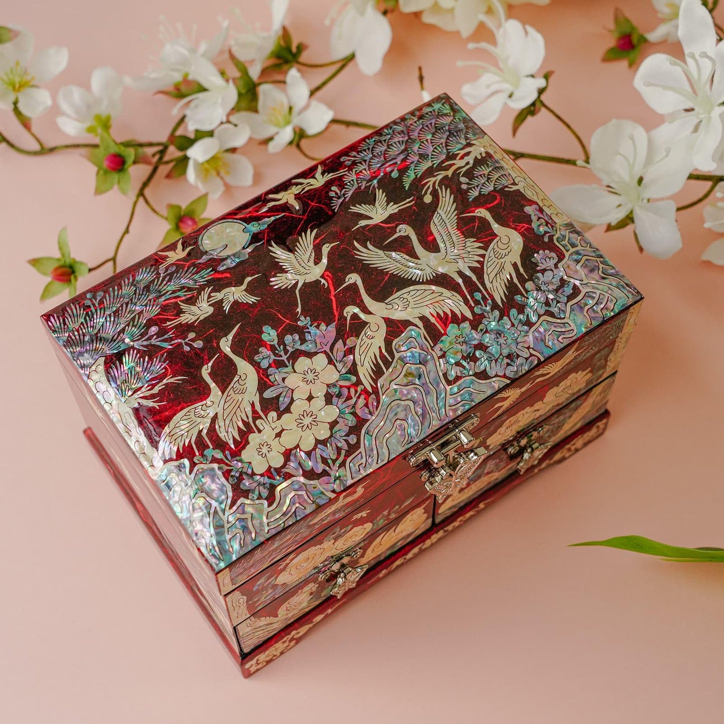 February Mountain Korean Mother of Pearl Jewelry Box – 2-Drawer Keepsake Box with Mirror, Traditional Oriental Trinket Organizer – Gift for Women, Mom, Wife, Anniversary (Crane and Pine tree - Red)