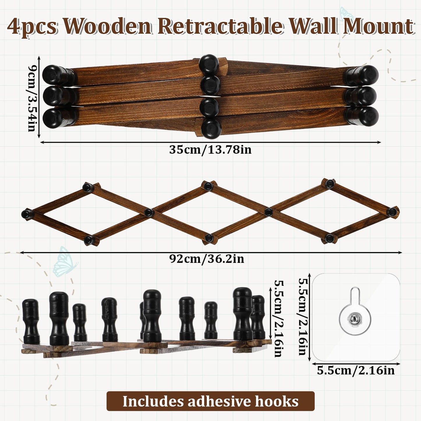 Lyksgir 4 Pcs Accordion Wall Hanger, Wooden Expandable Wall Mounted Hanger, Expandable Coat Rack, X Shape Coat Hooks for Hat, Coats, Coffee Mugs, Scarf, Including 40 Pegs with 8 Adhesive Hook (Brown)